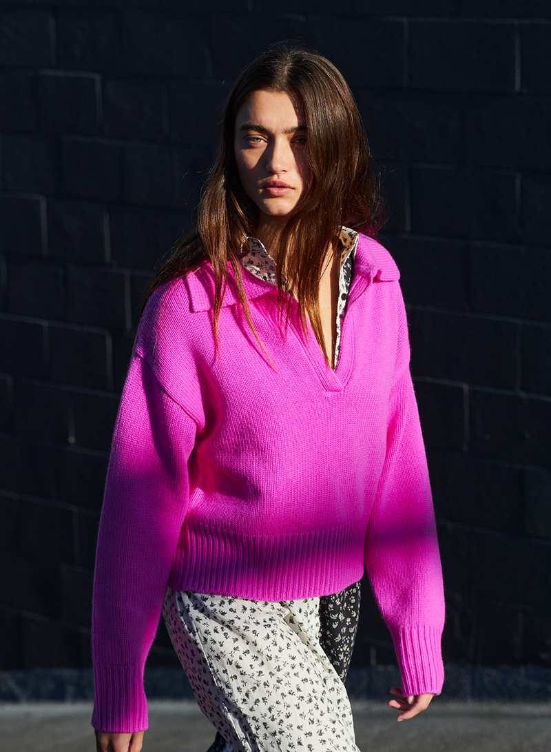 Wool/Cashmere Johnny Collar Sweater in Electric Pink-side