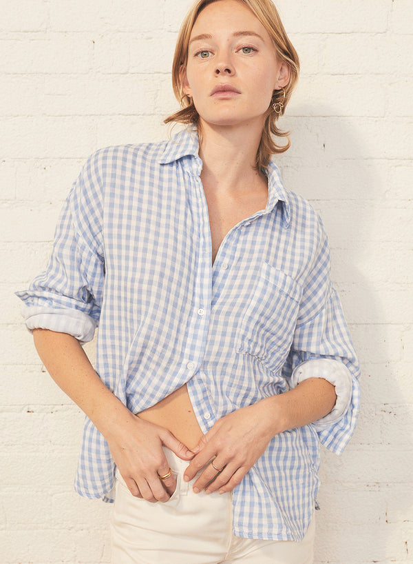 Gingham Double-Faced Gauze Oversized Shirt in White - front view sleeves rolled