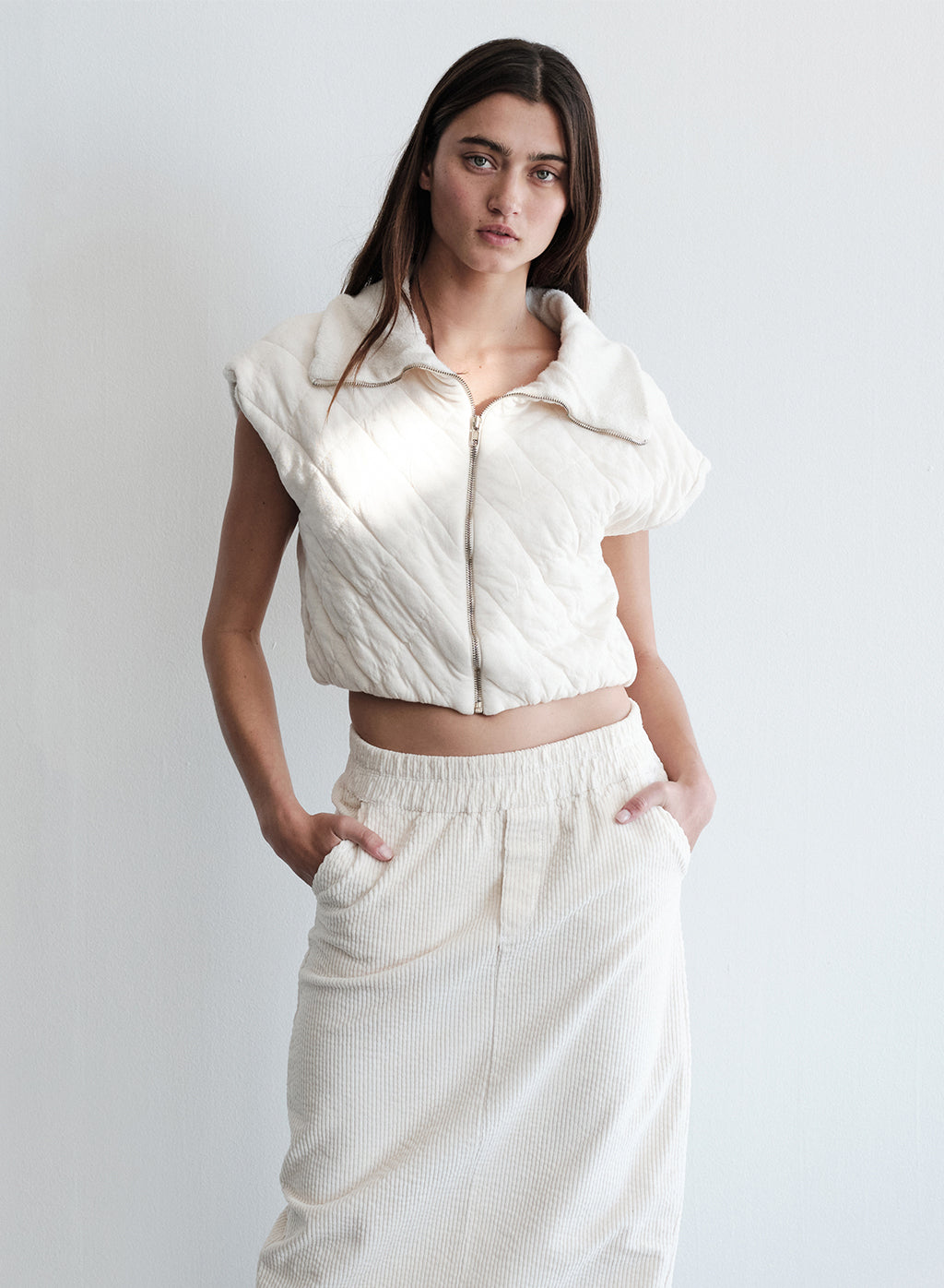 Quilted Cropped Zip Vest in Cream