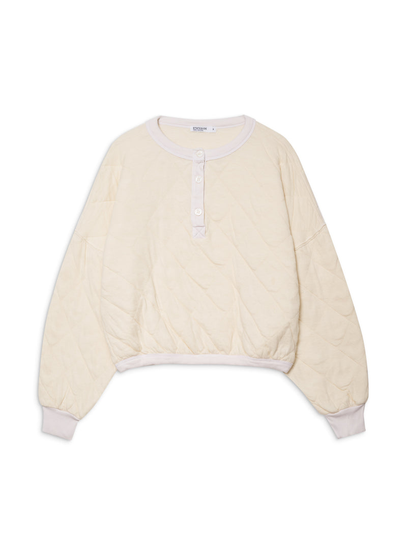 Quilted Oversized Henley Pullover in Cream-flat lay front