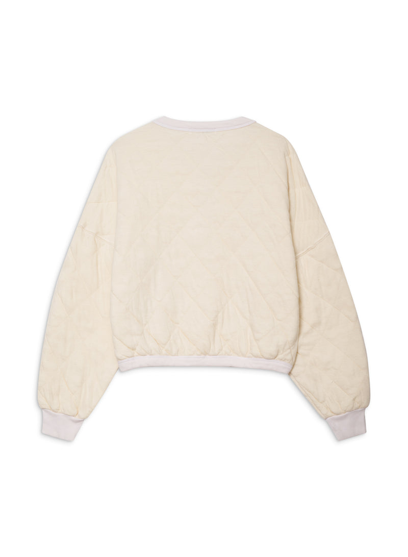 Quilted Oversized Henley Pullover in Cream-flat lay back