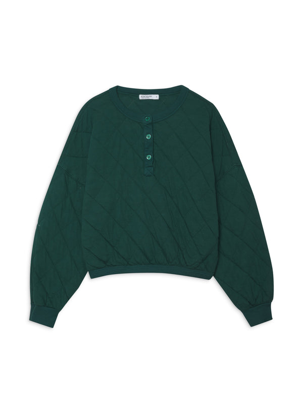 Quilted Oversized Henley Pullover in Rainforest-flat lay front