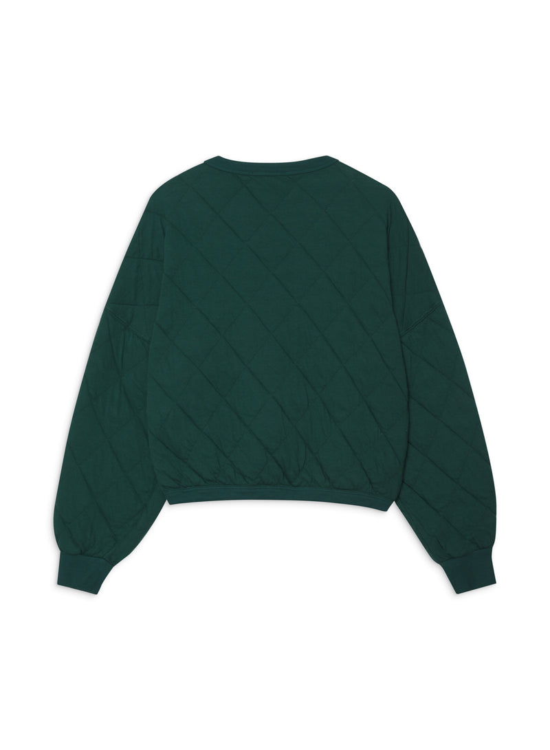 Quilted Oversized Henley Pullover in Rainforest-flat lay back