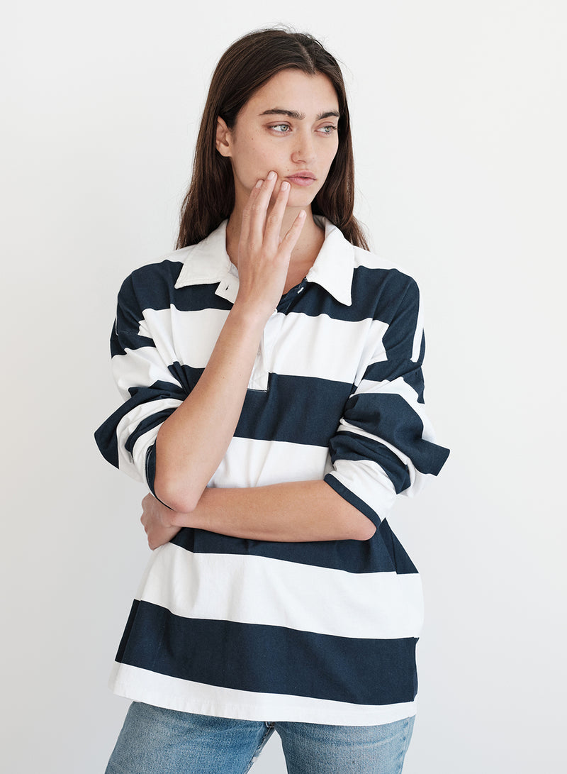 Wide Rugby Stripe Oversized Polo in Paper