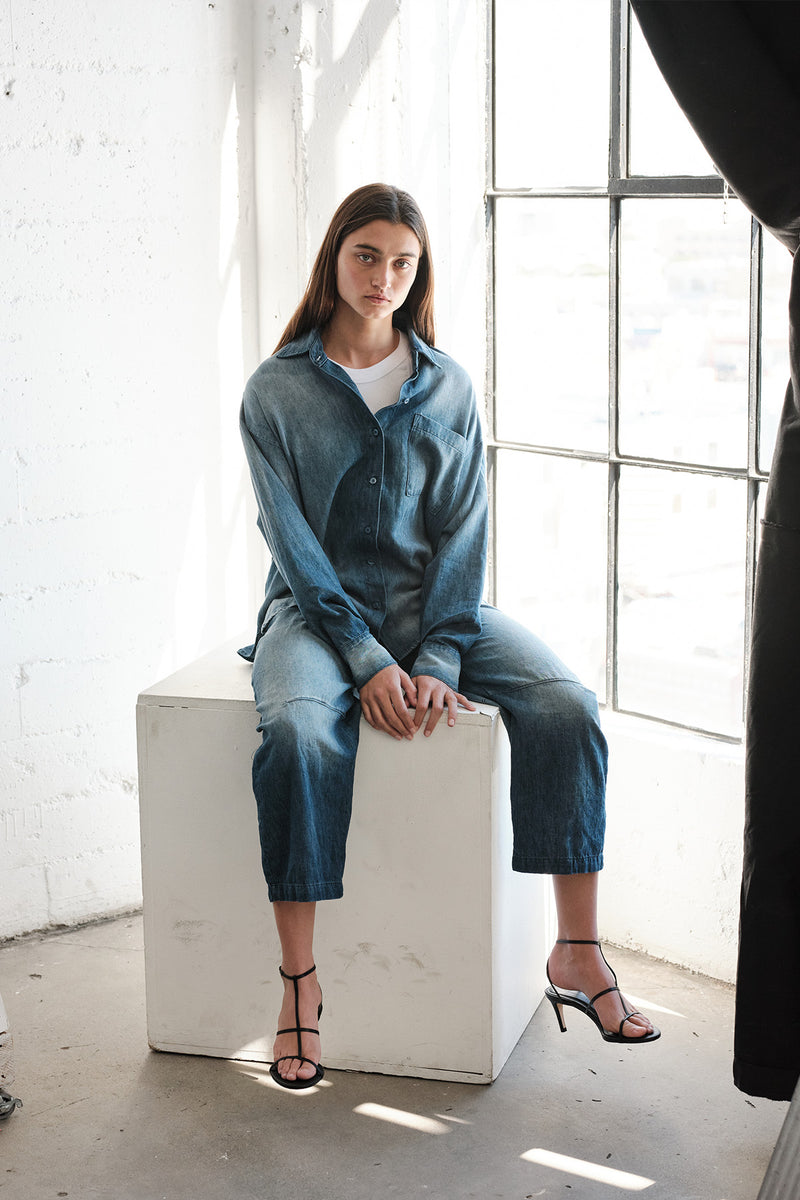 TBS EXCLUSIVE Stonewashed Chambray Oversized Shirt in Medium Wash-full length