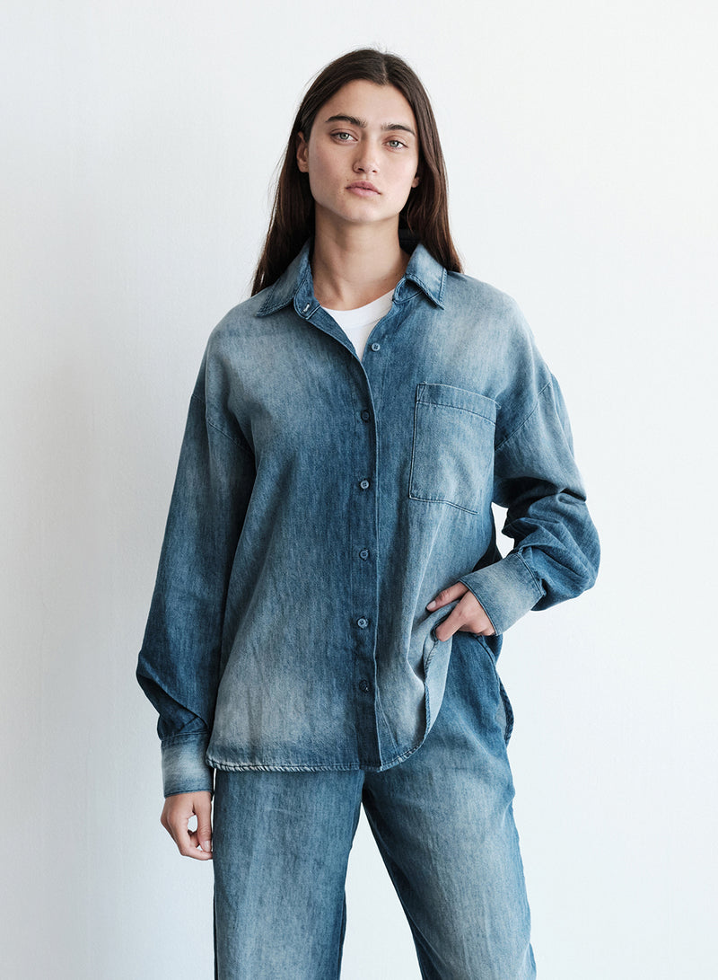 TBS EXCLUSIVE Stonewashed Chambray Oversized Shirt in Medium Wash-3/4 front