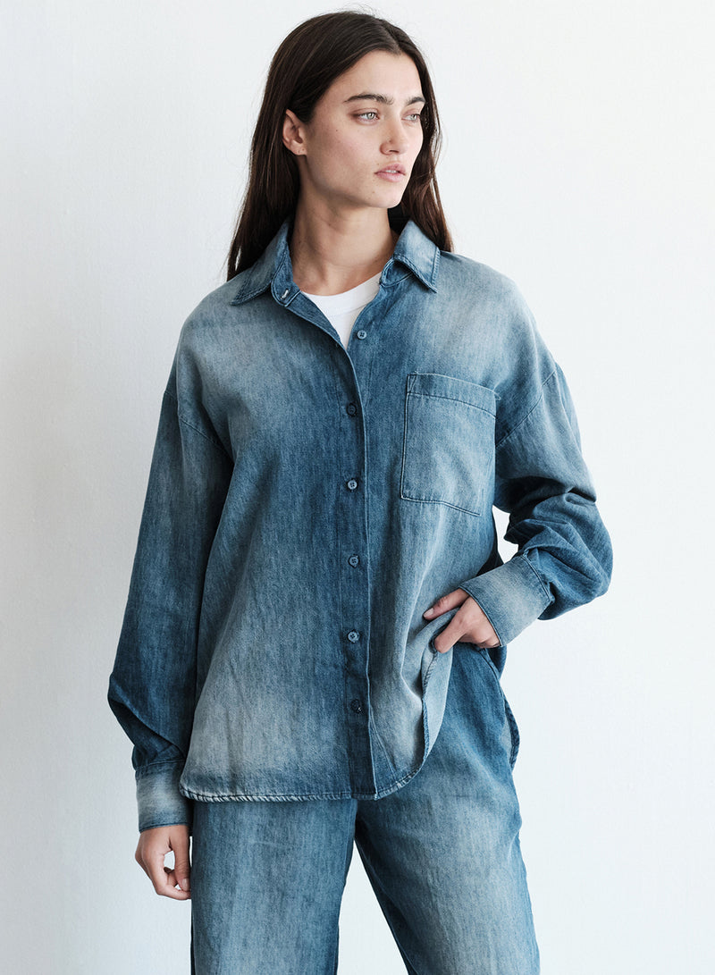 TBS EXCLUSIVE Stonewashed Chambray Oversized Shirt in Medium Wash3/4 front