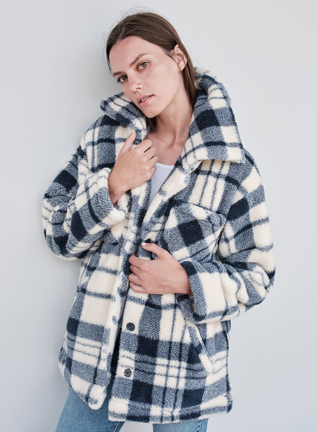 Double Faced Sherpa Jacket in Navy/Cream Plaid