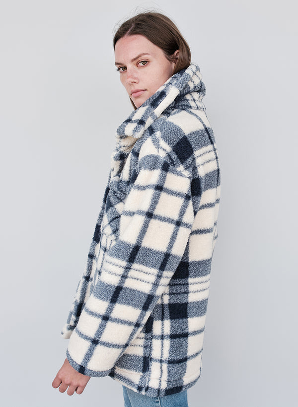 Double Faced Sherpa Jacket in Navy/Cream Plaid left side