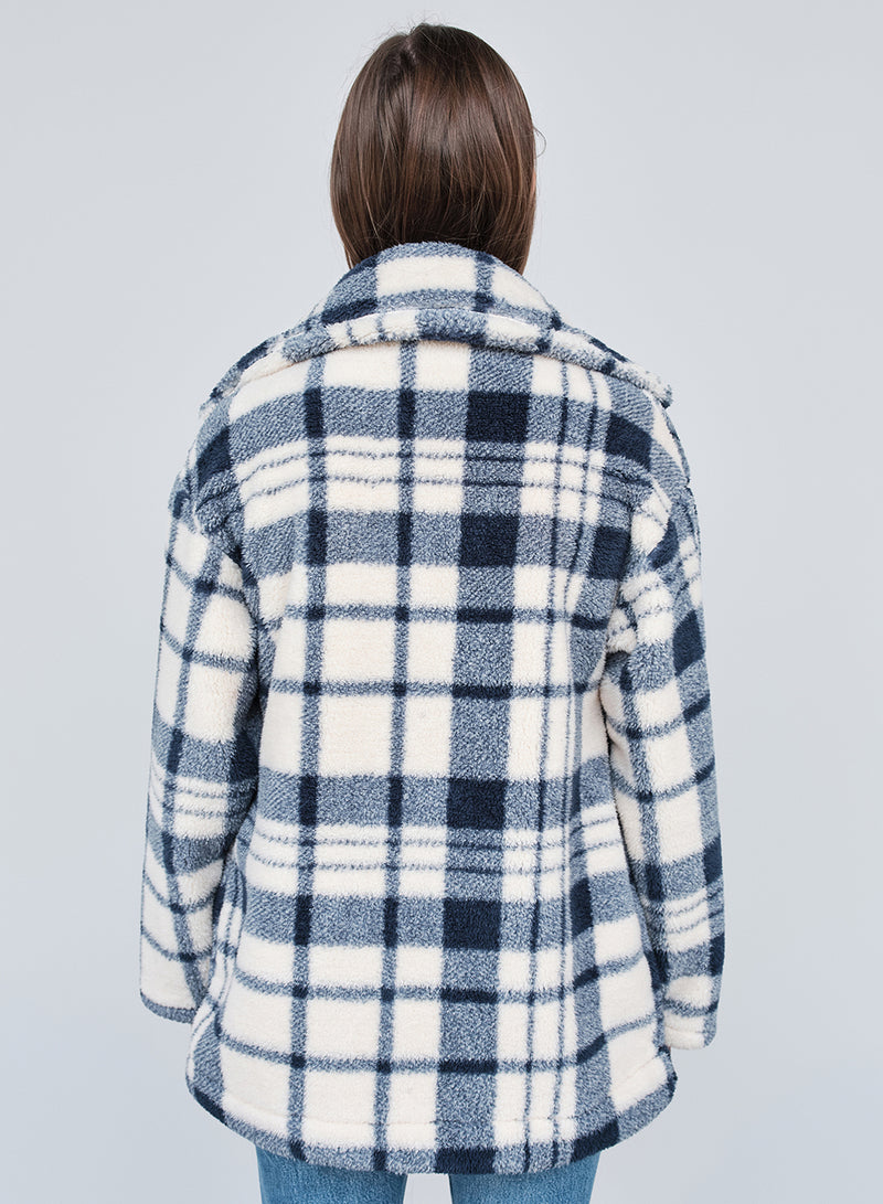 Double Faced Sherpa Jacket in Navy/Cream Plaid back view