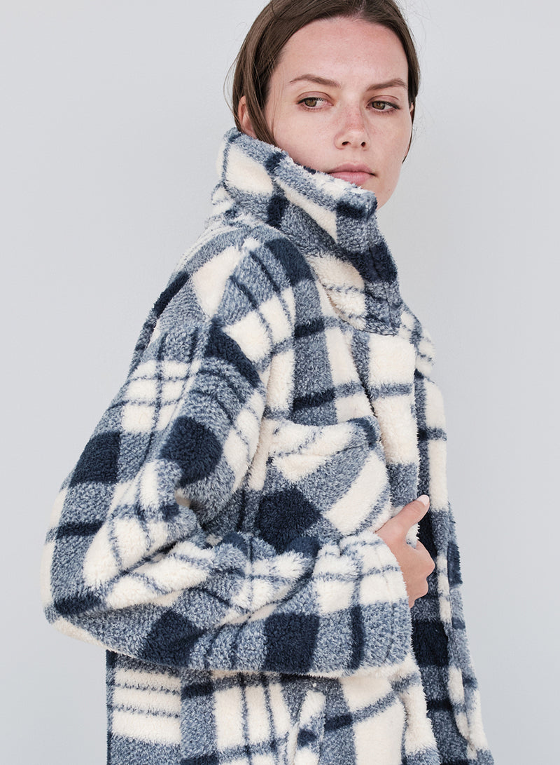 Double Faced Sherpa Jacket in Navy/Cream Plaid right side
