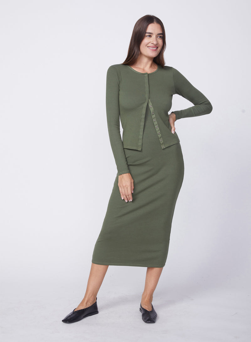 2X1 Rib Long Sleeve Snap Front Cardigan & Slip Dress Set in Seaweed shopstateside.us 2X1 Rib Long Sleeve Snap Front Cardigan & Slip Dress Set in Seaweed shopstateside.us