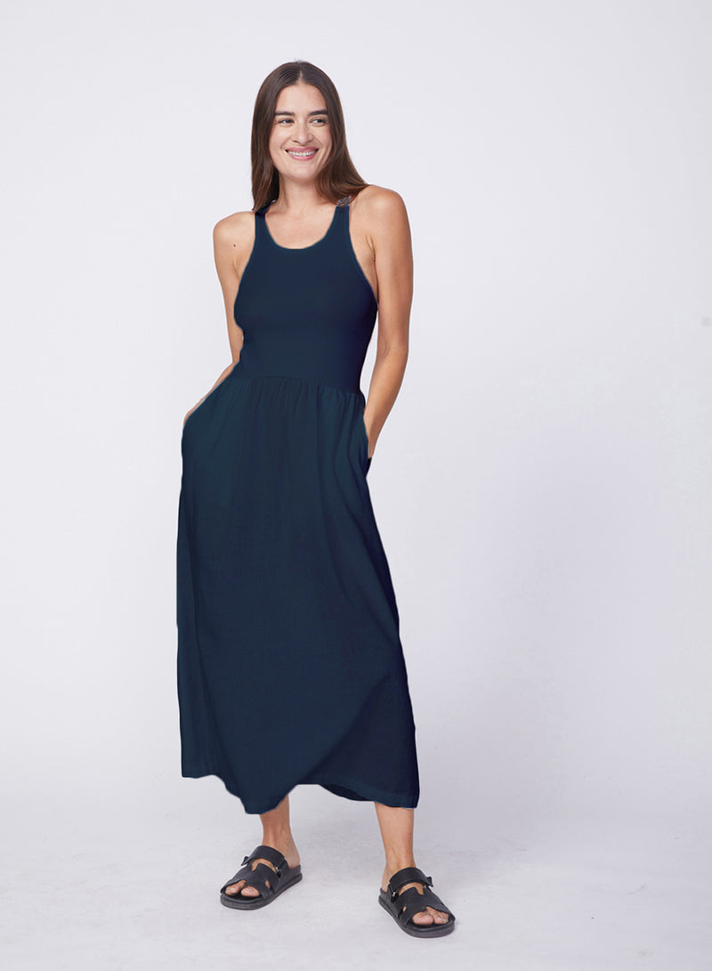 Linen Racerback Mix Media Midi Dress in New Navy - XL - Shop STATESIDE Dresses | Modern Comfort. Luxe Fabrics. Soft Elegance. Linen Racerback Mix Media Midi Dress in New Navy - XL - Shop STATESIDE Dresses | Modern Comfort. Luxe Fabrics. Soft Elegance.