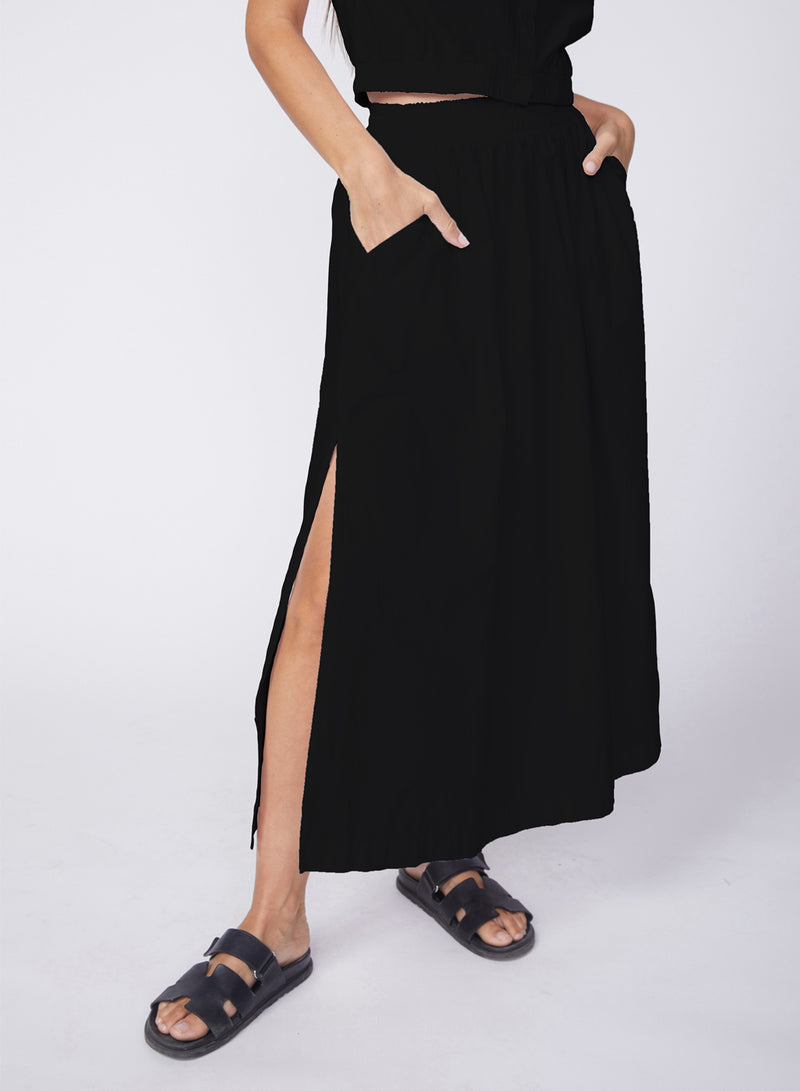Fine Poplin Double Slit Maxi Skirt in Black