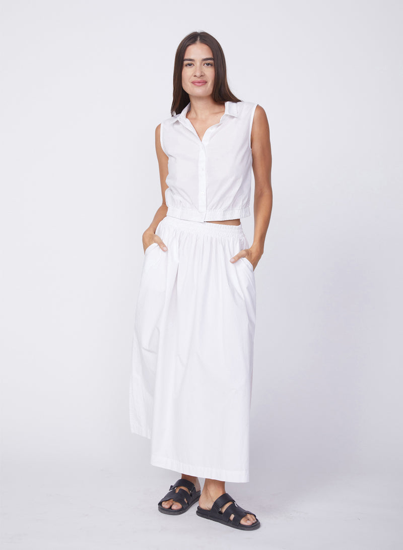 Fine Poplin Double Slit Maxi Skirt in White