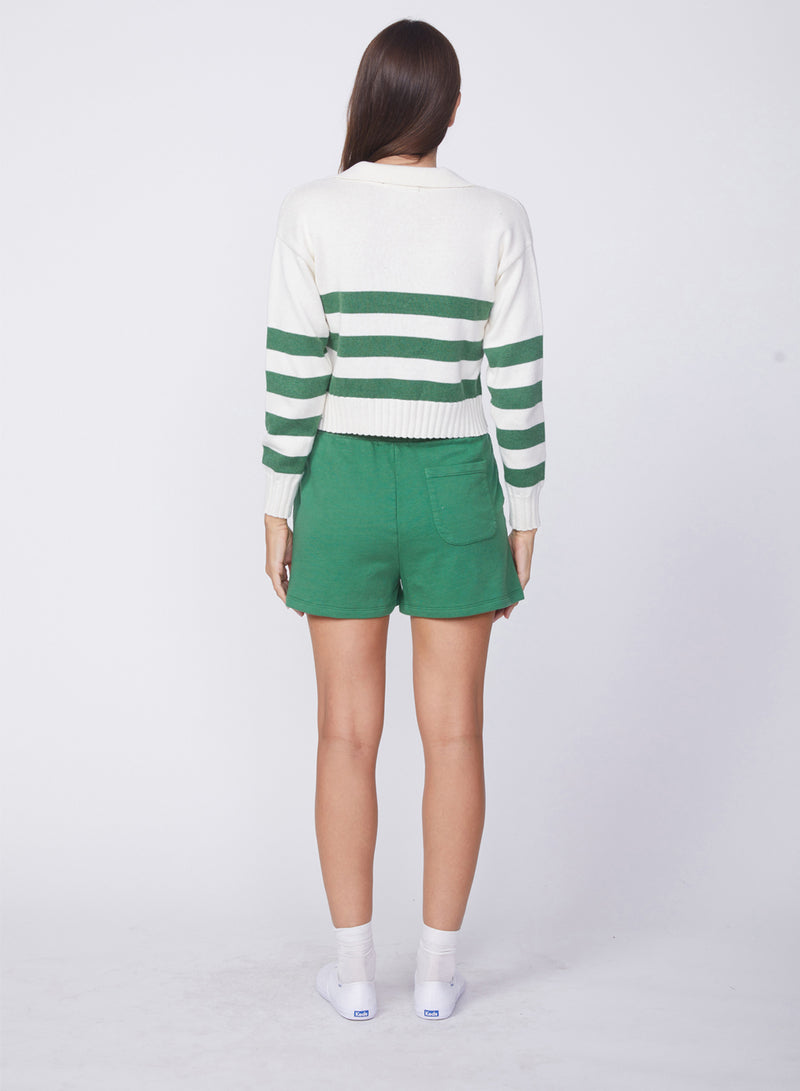 Cotton Cashmere Embroidered Johnny Collar Sweater in Pine