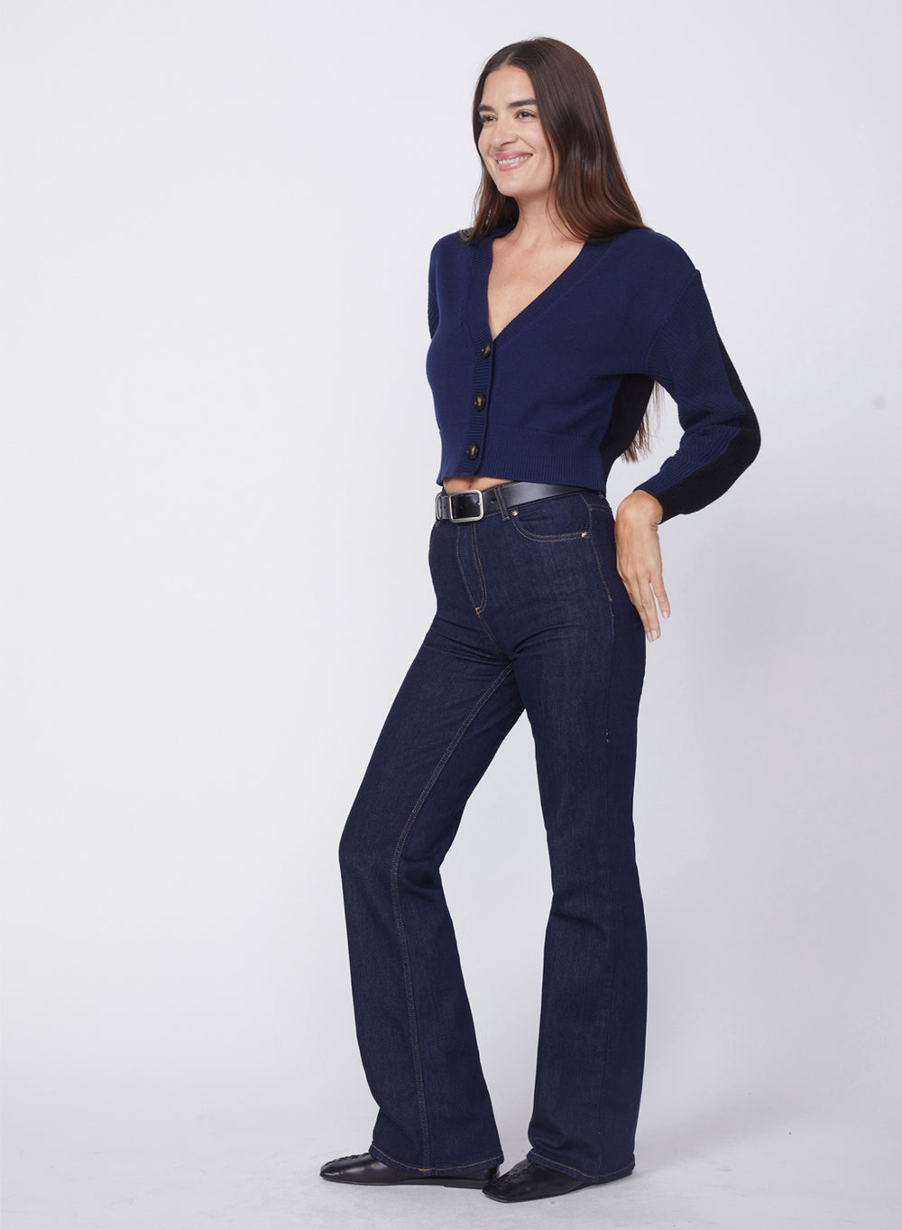 Colorblock Cropped Cardigan Sweater in Navy/Black – shopstateside.us