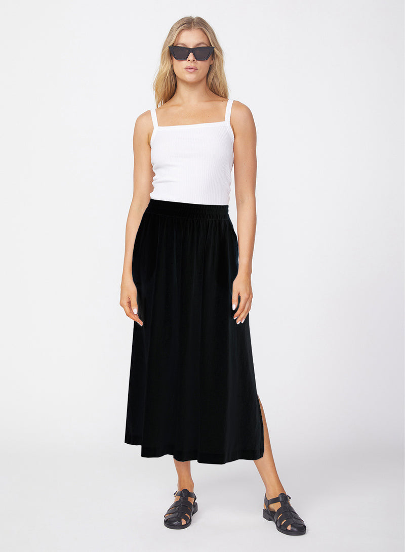 Linen Double Slit Maxi Skirt in Black