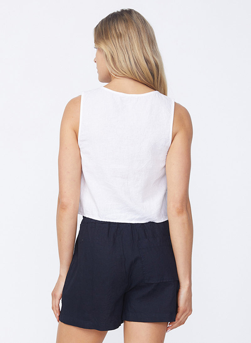 Linen Double Tie Front Vest in White-back view