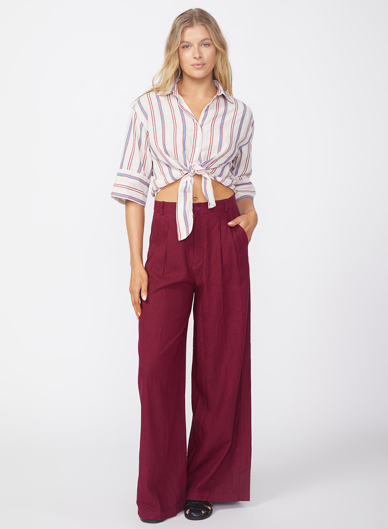 Linen Wide Leg Trouser in Bordeaux-front view