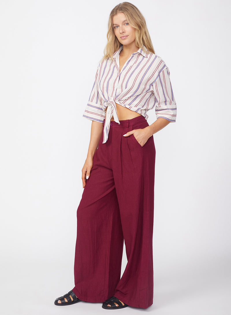 Linen Wide Leg Trouser in Bordeaux-side