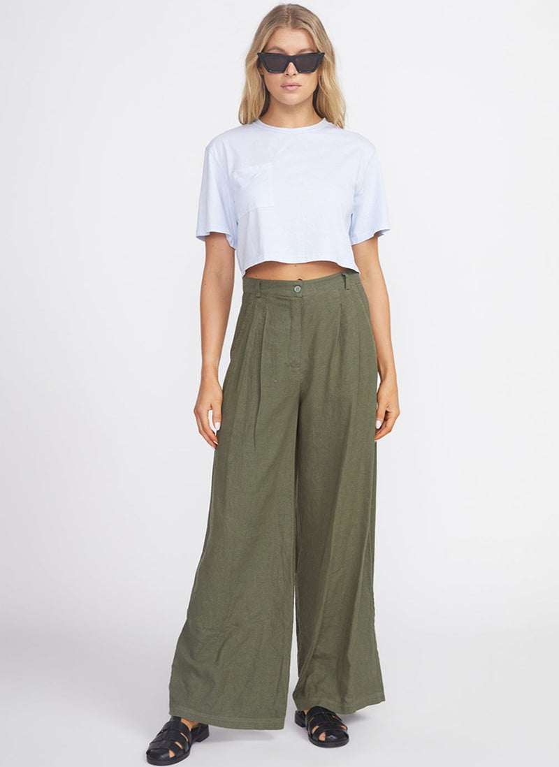 Linen Wide Leg Trouser in Fern-front view