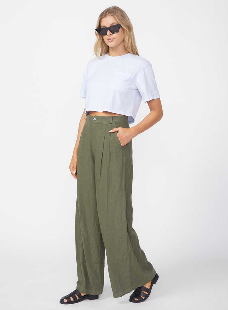 Linen Wide Leg Trouser in fern-side view