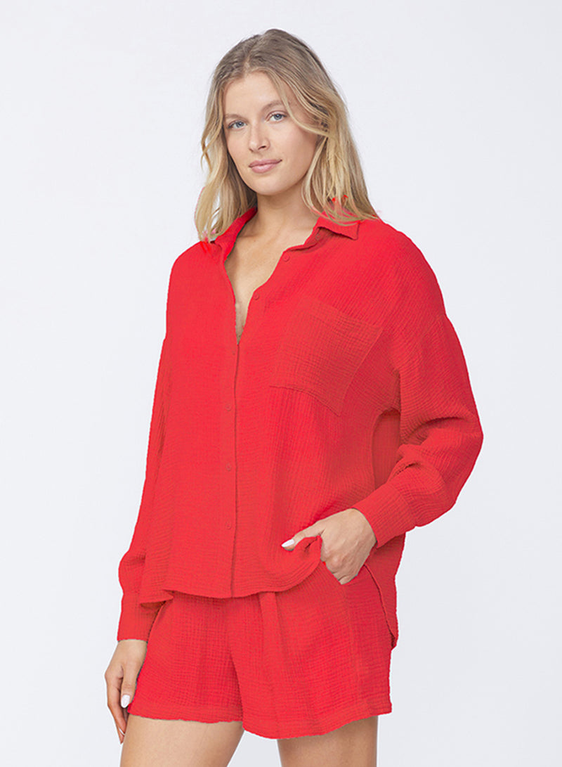 Gauze Oversized Shirt in Cherry Pie-3/4 side