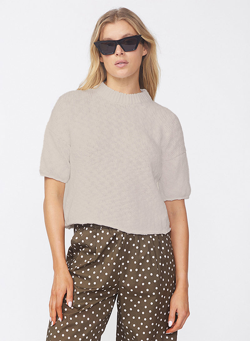 Cotton Linen Short Sleeve Sweater in Camel