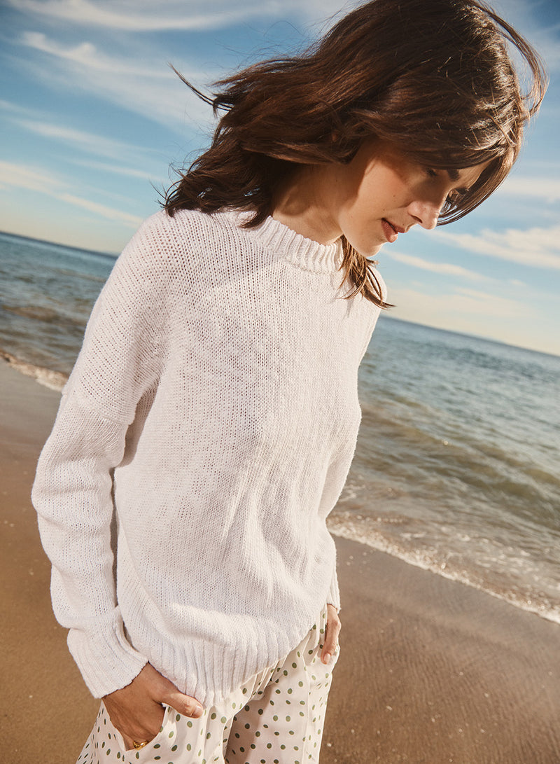 Stateside Cotton Linen Pullover Sweater in White