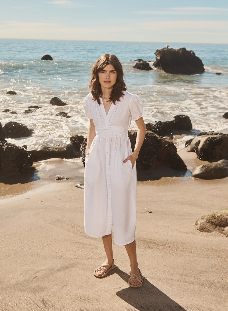 Fine Poplin Twist Front Maxi Dress in White-beach picture