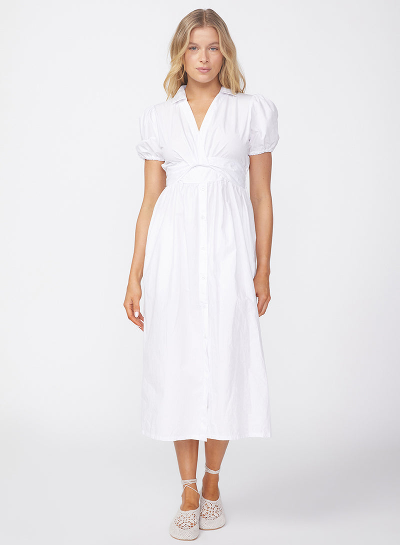 Fine Poplin Twist Front Maxi Dress in White-full view front