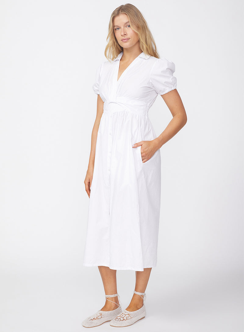 Fine Poplin Twist Front Maxi Dress in White-side 