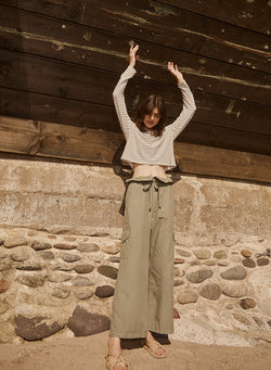 Linen Cotton Jersey Long Sleeve Cropped Boatneck in Fern-campaign images