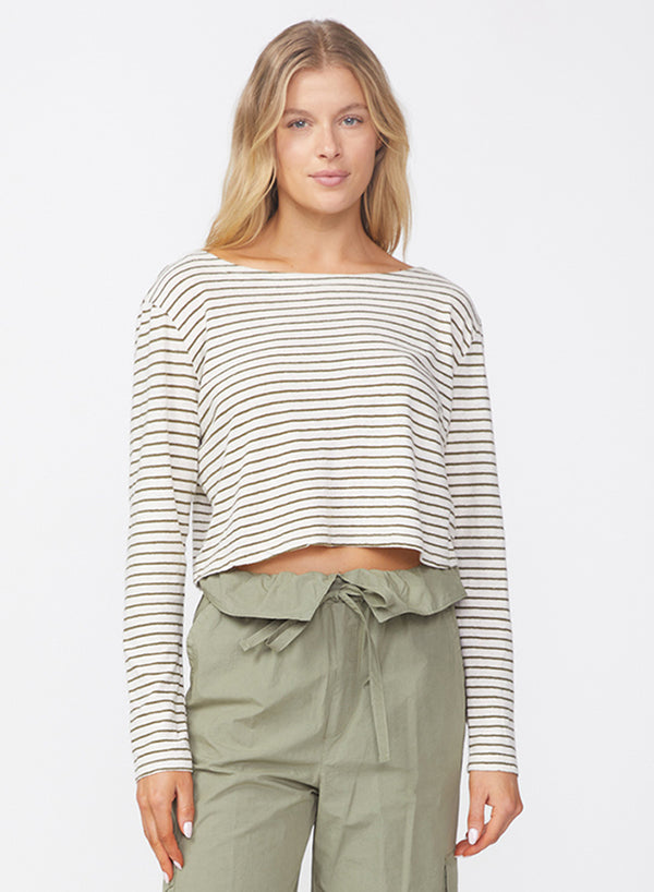 Linen Cotton Jersey Long Sleeve Cropped Boatneck in Fern-3/4 front