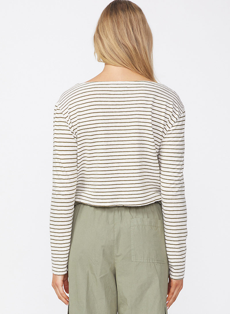 Linen Cotton Jersey Long Sleeve Cropped Boatneck in Fern-back 3/4 view