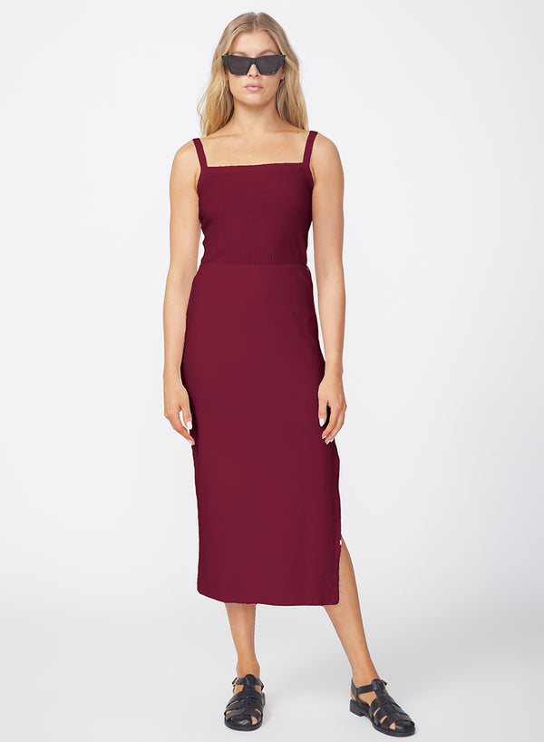 Luxe 2x1 Rib Side Slit Midi Skirt in Bordeaux-full view front