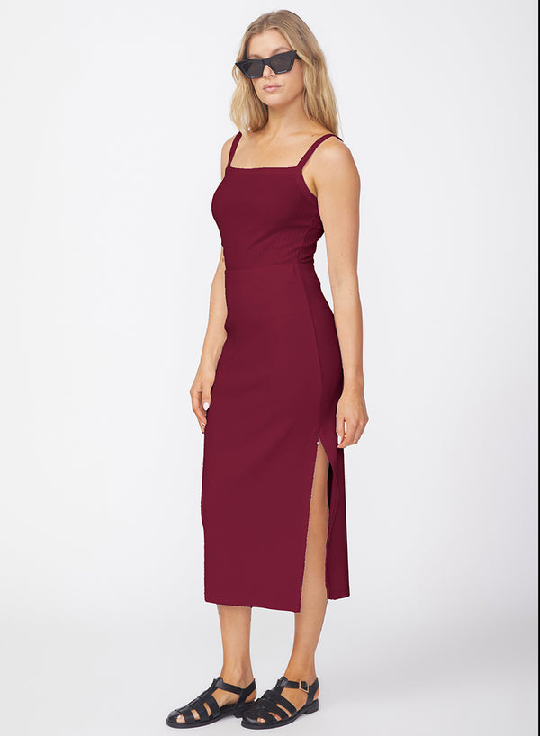 Luxe 2x1 Rib Side Slit Midi Skirt in Bordeaux-side view