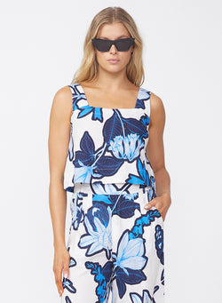 Tropical Floral Linen Cropped Tank in Sport Blue-front view 