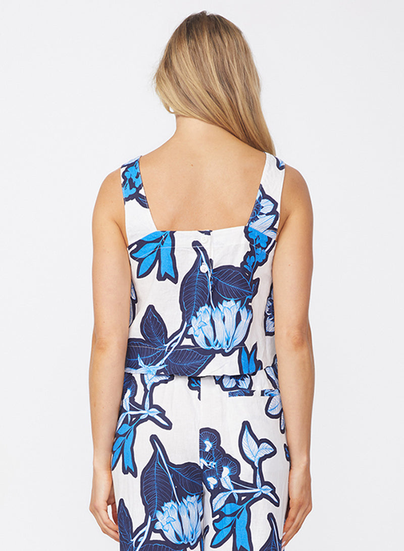 Tropical Floral Linen Cropped Tank in Sport Blue-back