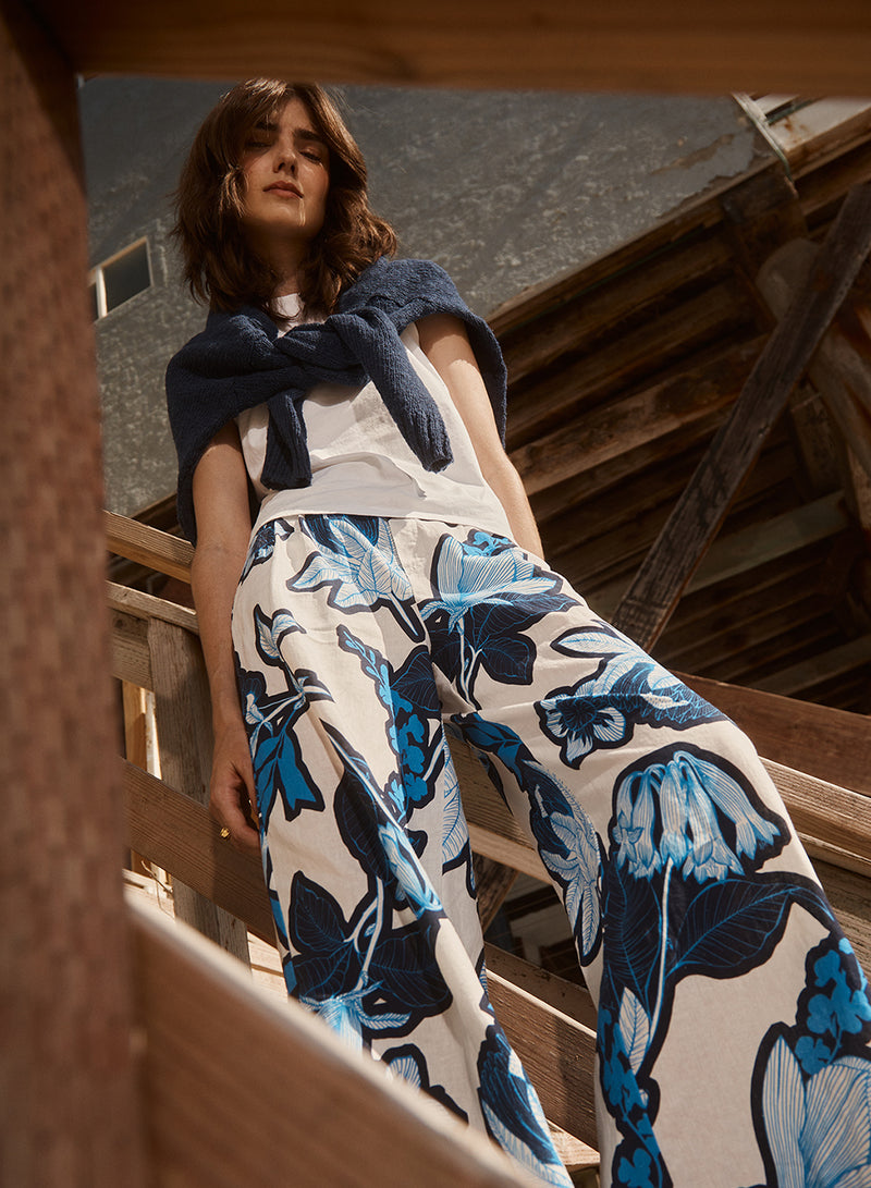 Tropical Floral Linen Cropped Trouser in Sport Blue-campaign image