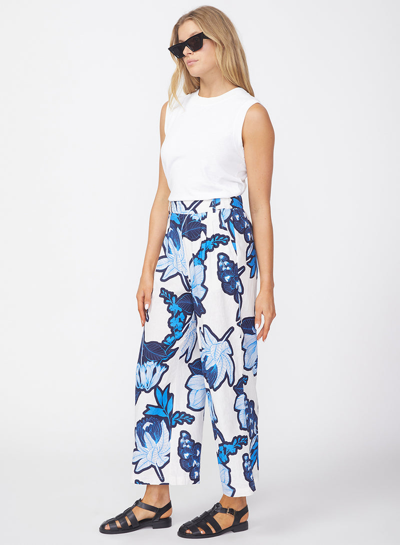 Tropical Floral Linen Cropped Trouser in Sport Blue-side view