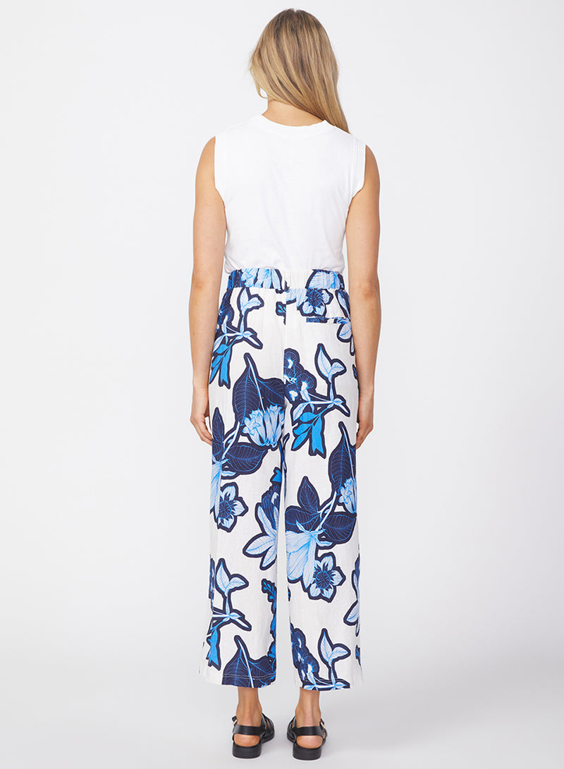 Tropical Floral Linen Cropped Trouser in Sport Blue-back