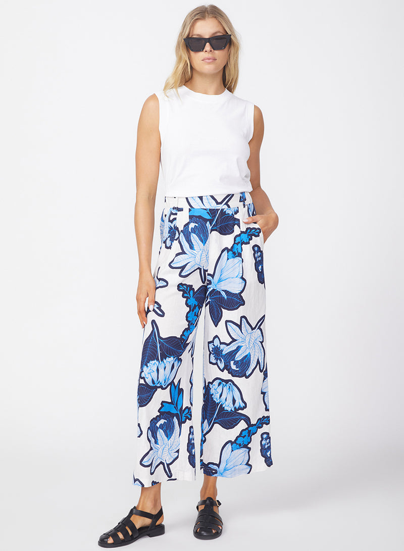 Tropical Floral Linen Cropped Trouser in Sport Blue-front view