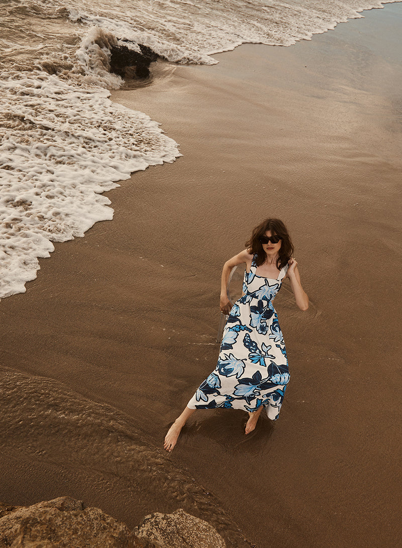 Tropical Floral Linen Maxi Dress in Sport Blue-model on the beach