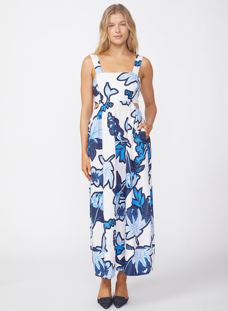 Tropical Floral Linen Maxi Dress in Sport Blue-view front