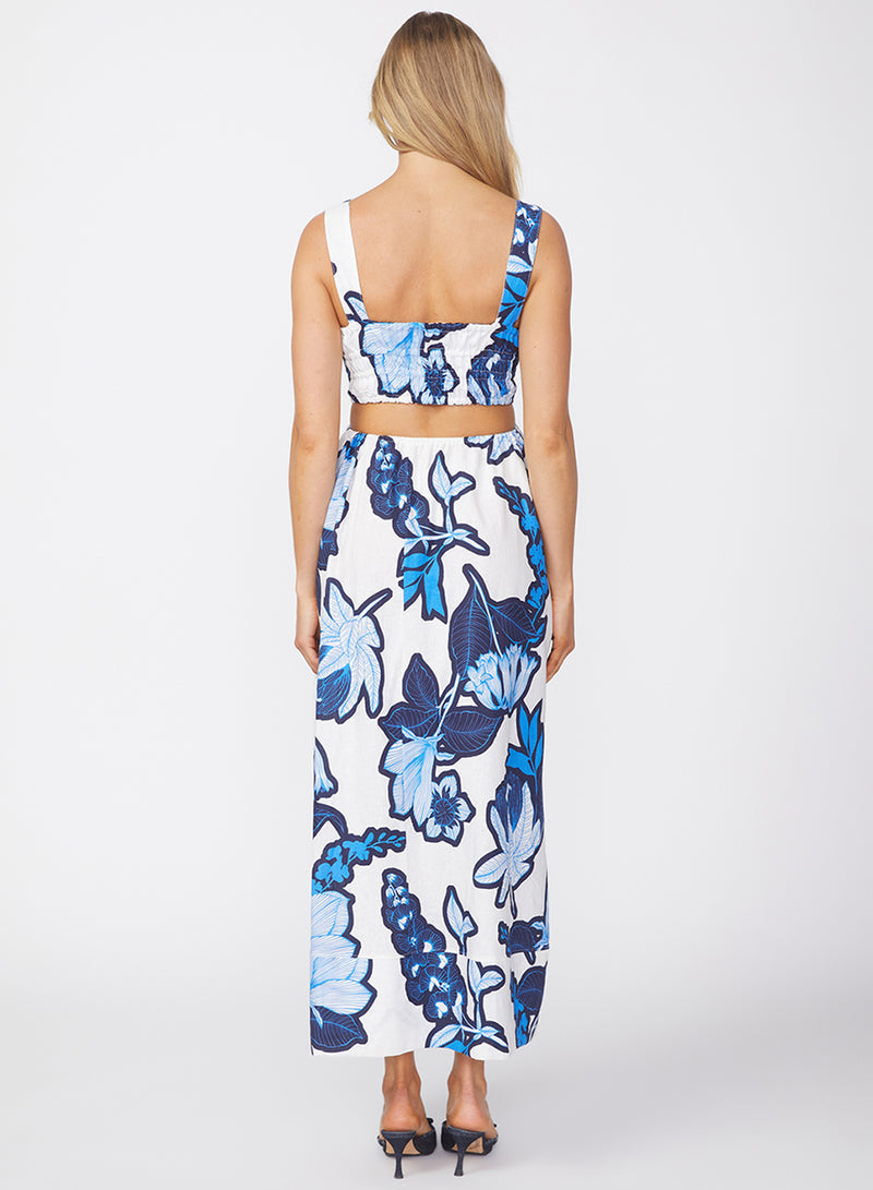 Tropical Floral Linen Maxi Dress in Sport Blue-back