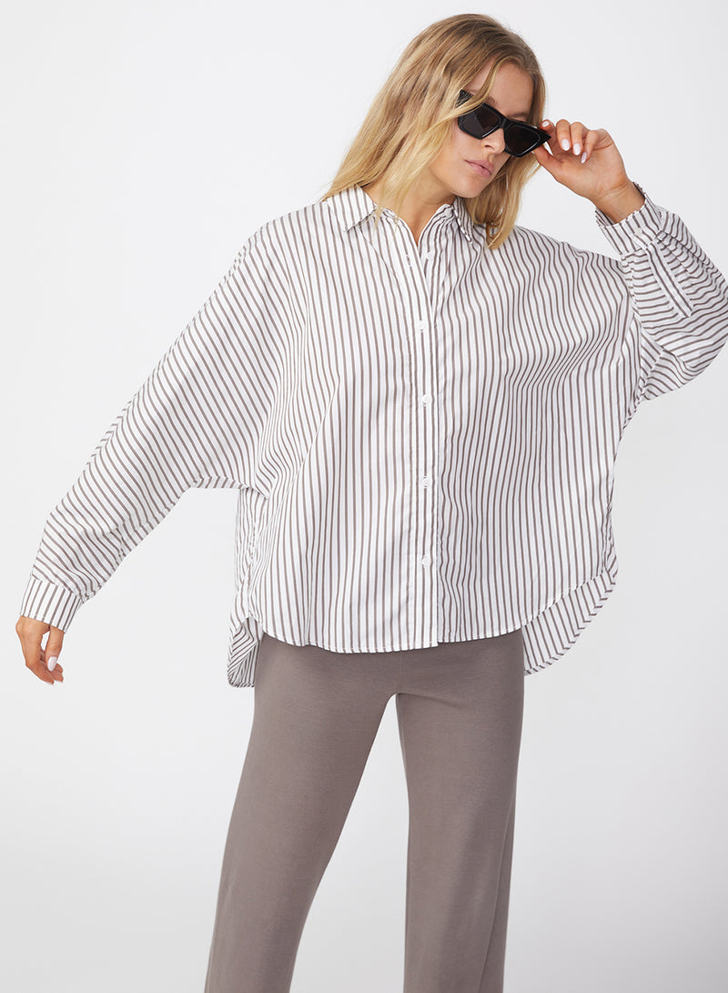 80's Poplin Stripe Dolman Shirt & Voile Wide Leg Trouser Set in Twig