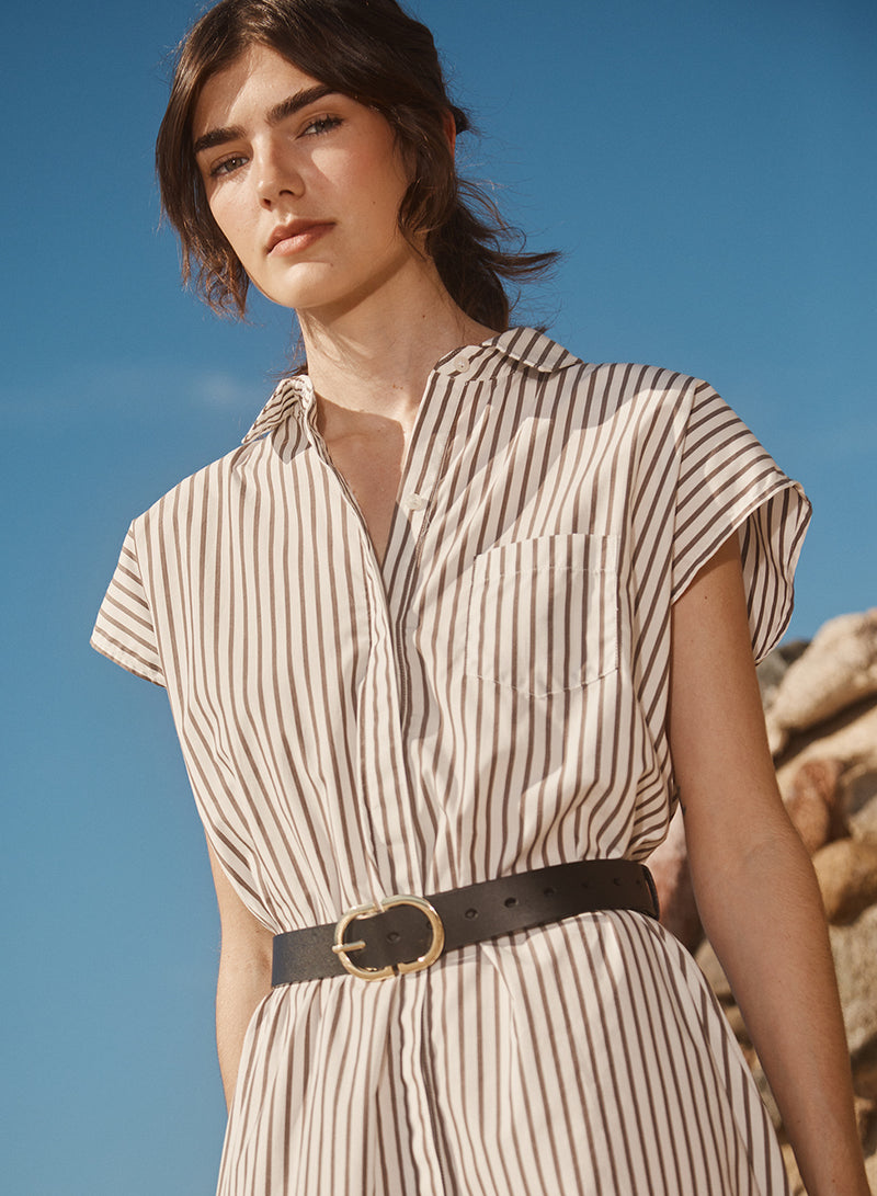 80's Poplin Stripe Shirt Dress in Twig-close up