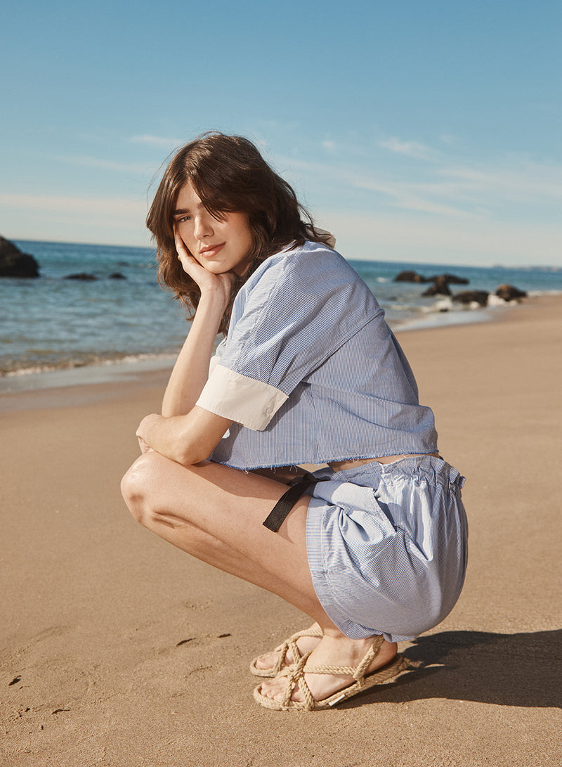 Pinstripe Paperbag Short in Sport Blue-campaign images